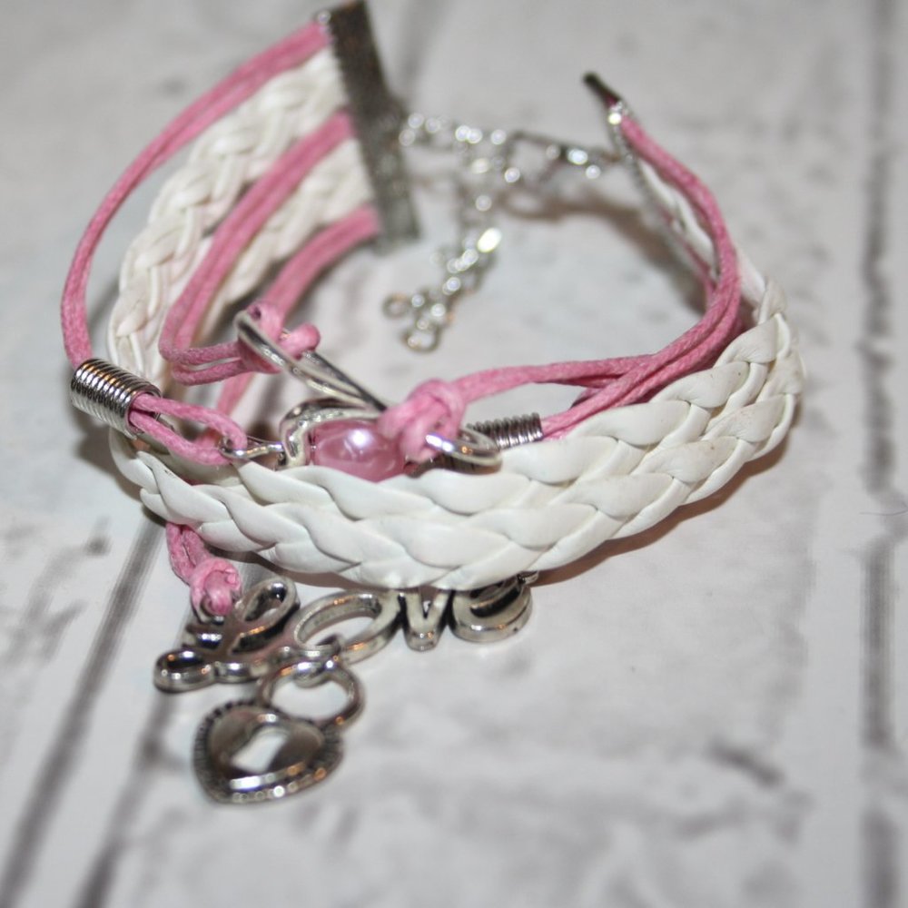 Beautiful silver, pink and white LOVE bracelet 6.5-8"